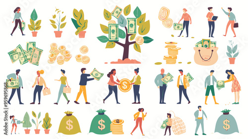 Tiny people with money. Budget elements, different poses persons, woman waters money tree, man rolls large coin, holding bill, millionaire on full bags, businessman with cash, vector set

