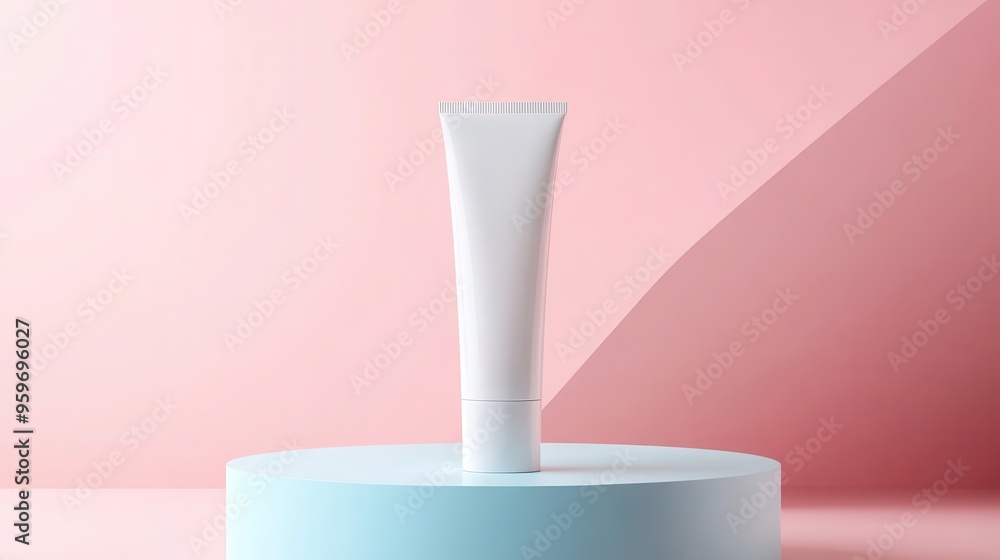 Photo of white cosmetic tubes placed on a pink and blue background in a simple pastel style as a mockup for a product presentation template. Photo of white cosmetic tubes placed on a pink and blue background in a simple pastel style as a mockup for a product presentation template.