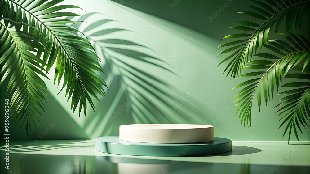 Fototapeta premium The composition features a calm green background with vivid palm leaves framing a circular display stand
