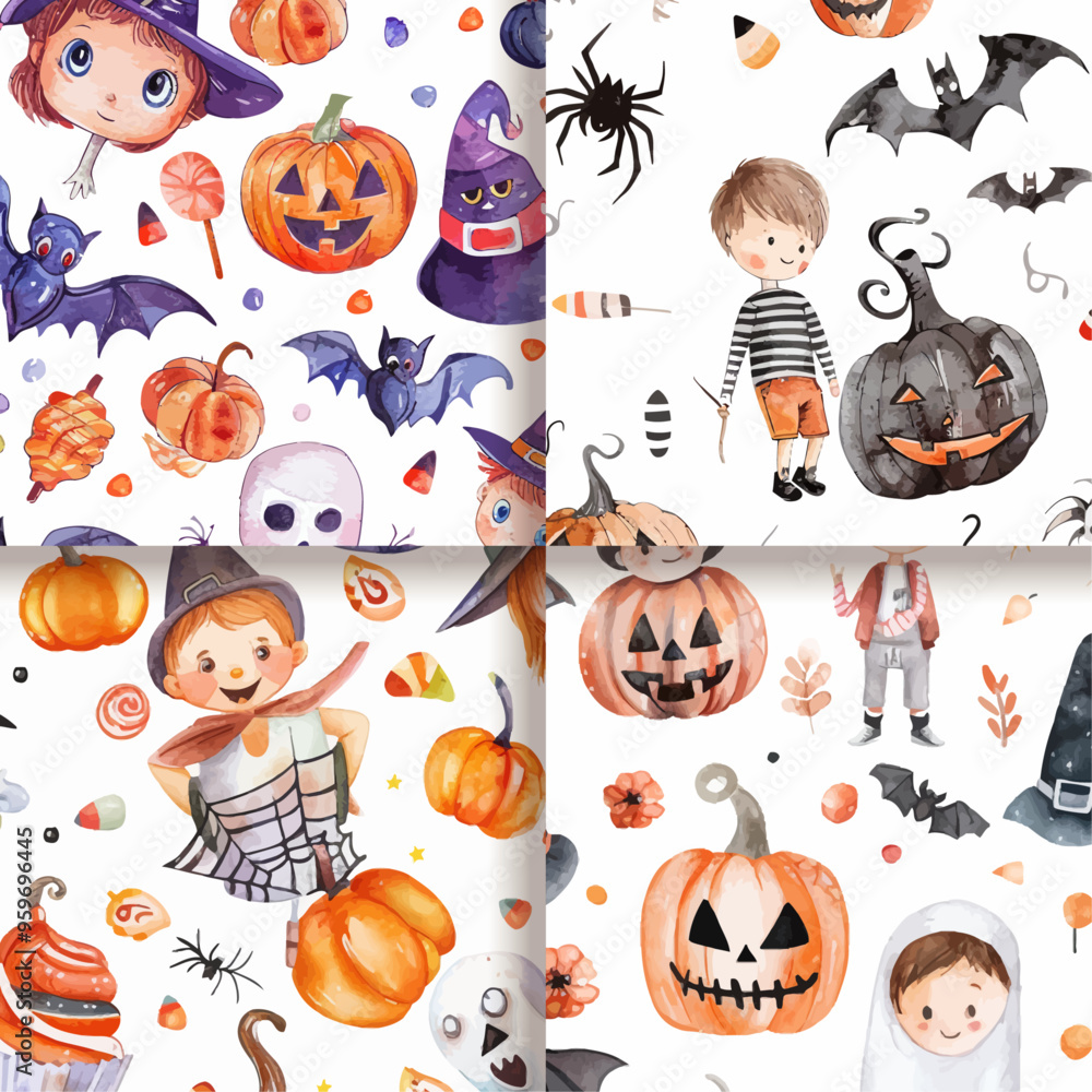 Fototapeta premium Watercolor Halloween Seamless Pattern with Pumpkins Bats Ghosts and Kids