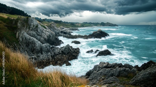 Rocky Coastline with Dramatic Storm Clouds and Waves Crashing on the Shore.
