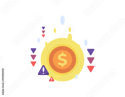 dollar currency depreciation concept. the value of the dollar continues to decline. financial problems. illustration of a dollar coin with a downward arrow and a warning sign. flat style design