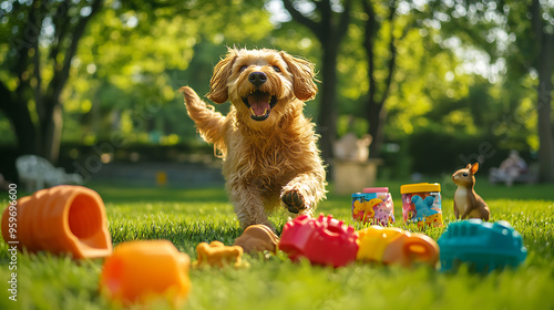 Joyful Dog's Day OutA Playful Pup in a Vibrant Park Surrounded by Colorful Pet Products photo