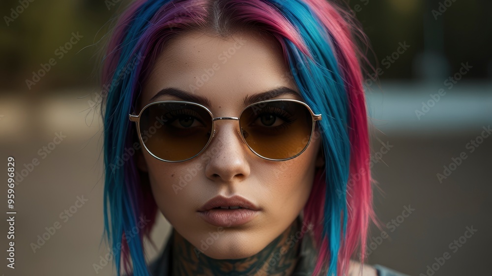 Cool girl with tattoos and colorful hair staring through her shades Cool girl with tattoos and colorful hair staring through her shades