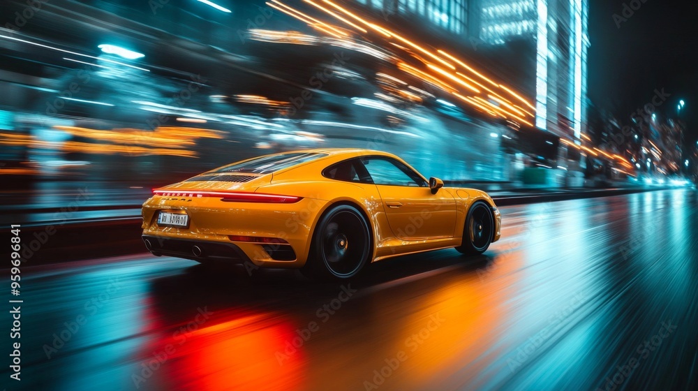 Yellow sports car speeding through city at night Yellow sports car speeding through city at night