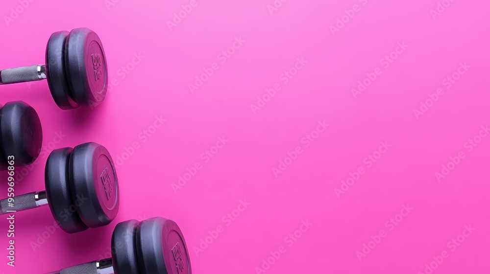 Set of Dumbbells on Vibrant Pink Background for Fitness and Exercise Concepts Set of Dumbbells on Vibrant Pink Background for Fitness and Exercise Concepts