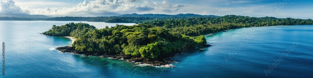 Aerial perspective of a tropical island with lush jungle. Banner. Aerial perspective of a tropical island with lush jungle. Banner.