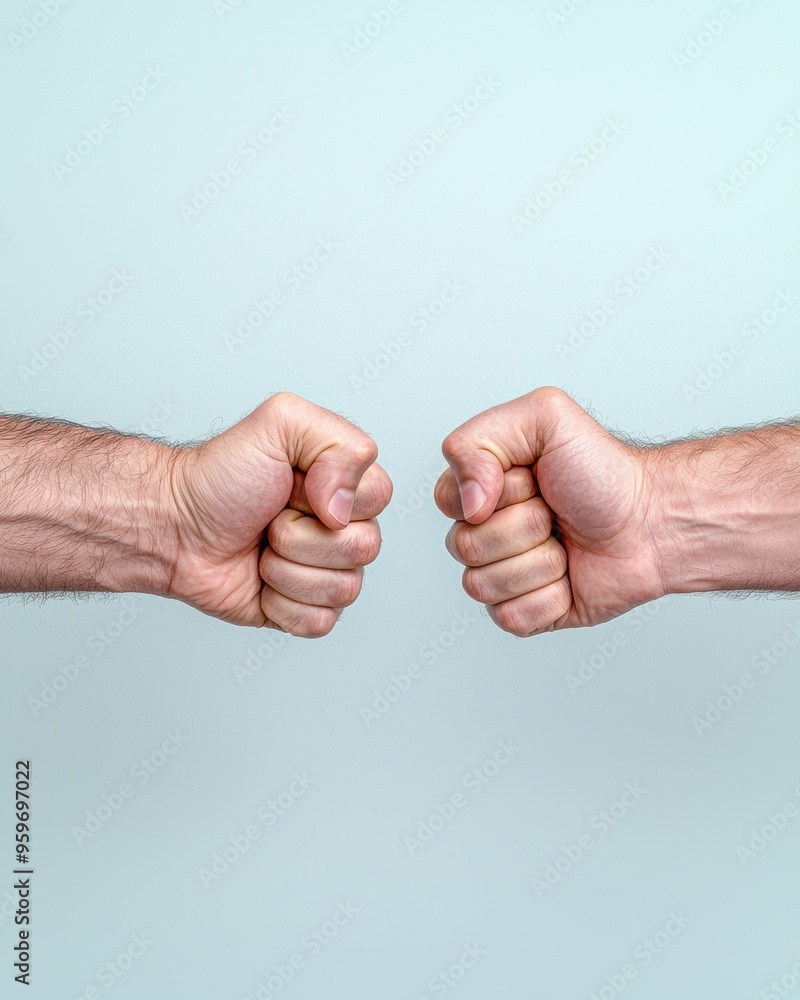 Unity in Teamwork - Two Fists Coming Together on Soft Blue Background with Copy Space Unity in Teamwork - Two Fists Coming Together on Soft Blue Background with Copy Space