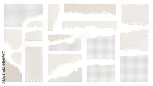 Realistic torn sheets of paper. Notebook pages in a box. Newspaper scraps for collage or papier-mâché. Template for a grunge banner. Vector illustration isolated on a transparent background.