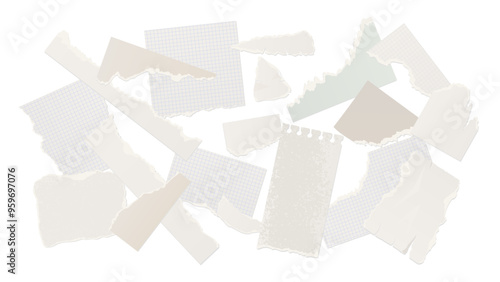Realistic torn sheets of paper in chaotic disorder. Notebook pages in a box. Newspaper scraps for collage or papier-mâché. Template for grunge banner. Vector illustration