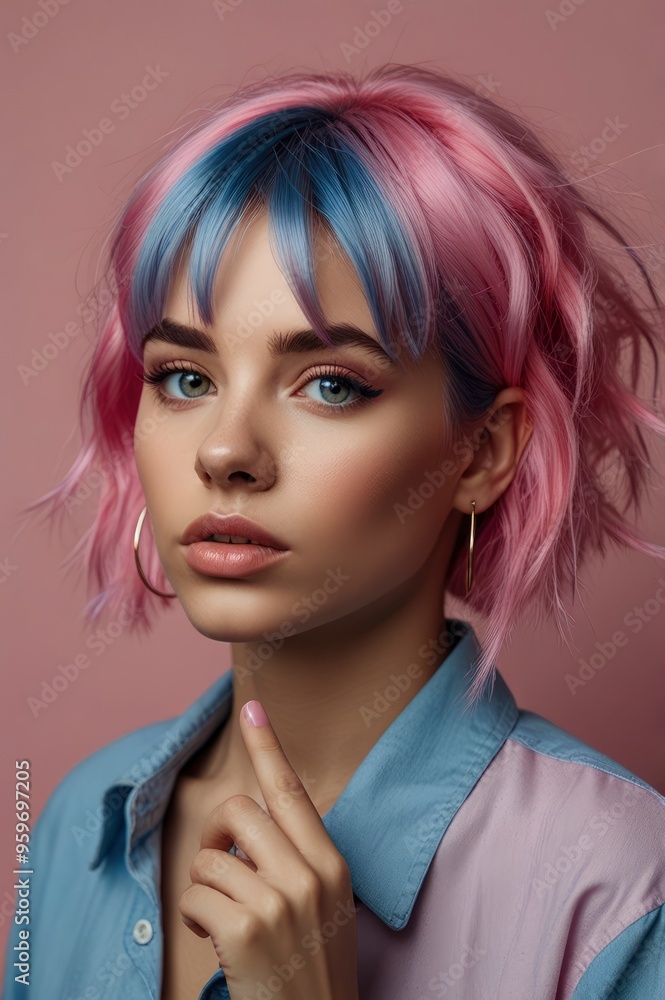 Portrait of young thinking pondering woman with blue hairstyle having idea moment finger up pink Portrait of young thinking pondering woman with blue hairstyle having idea moment finger up pink