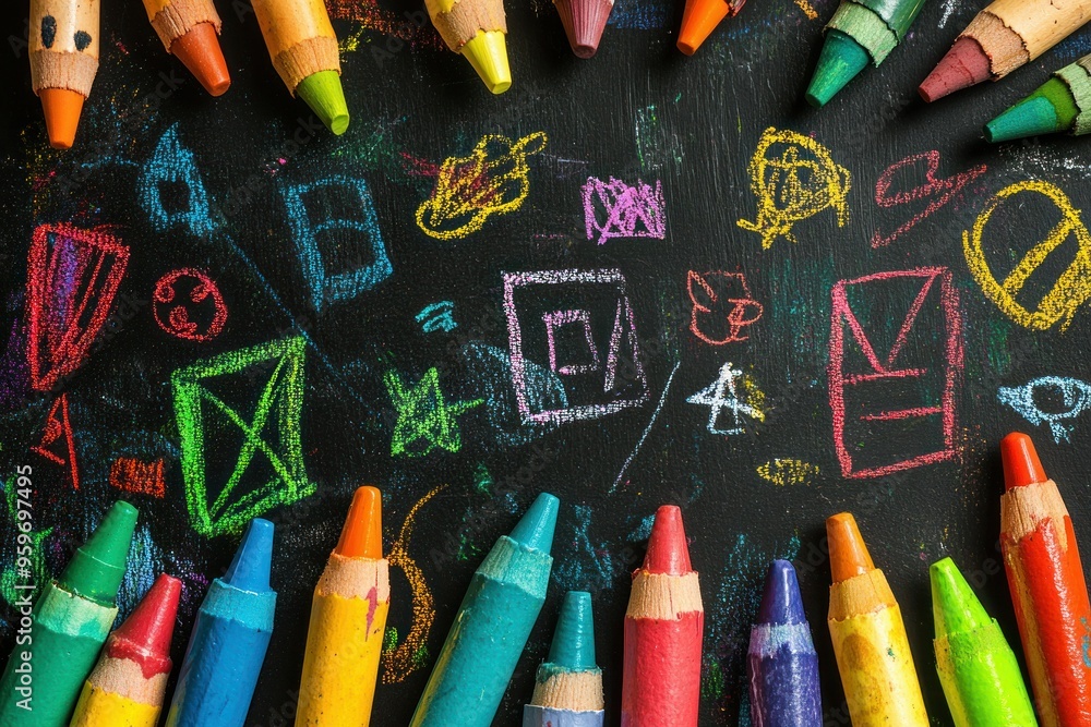 Obraz premium Back to school concept banner. Colorful crayons, vibrant drawing on a blackboard.