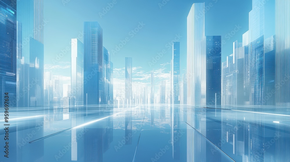 Futuristic Cityscape with Modern Skyscrapers and Reflective Glass Buildings Under a Clear Blue Sky Futuristic Cityscape with Modern Skyscrapers and Reflective Glass Buildings Under a Clear Blue Sky