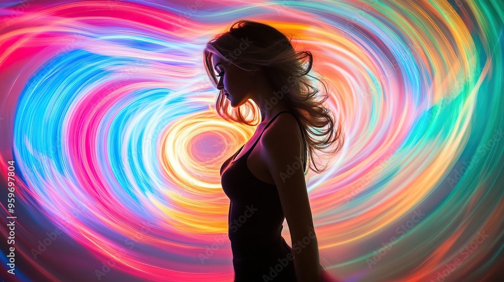 Colorful light swirls with stylish model silhouette Colorful light swirls with stylish model silhouette