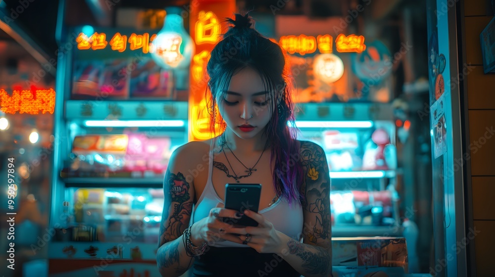 . A stylish woman with colorful tattoos interacts with her smartphone in front of vibrant neon signs in an urban nighttime setting, capturing the essence of modern city life. . A stylish woman with colorful tattoos interacts with her smartphone in front of vibrant neon signs in an urban nighttime setting, capturing the essence of modern city life.