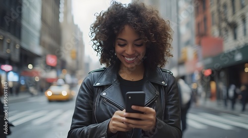 . A young woman with curly hair smiles at her smartphone while standing on a busy city street, embodying urban lifestyle and technology use. 