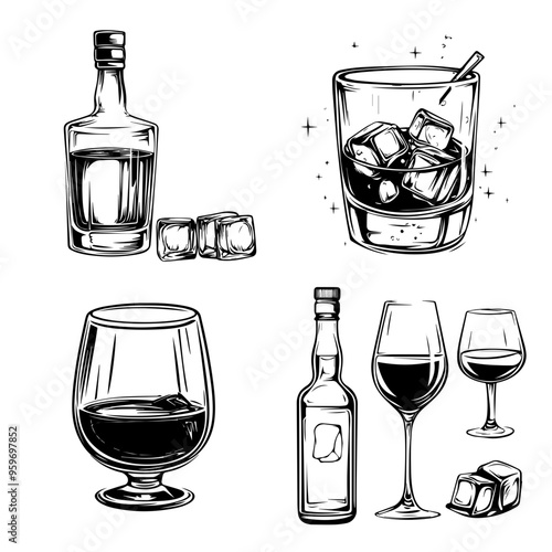Hand-Drawn Alcohol Drink Illustrations Whiskey, Wine, and Cognac