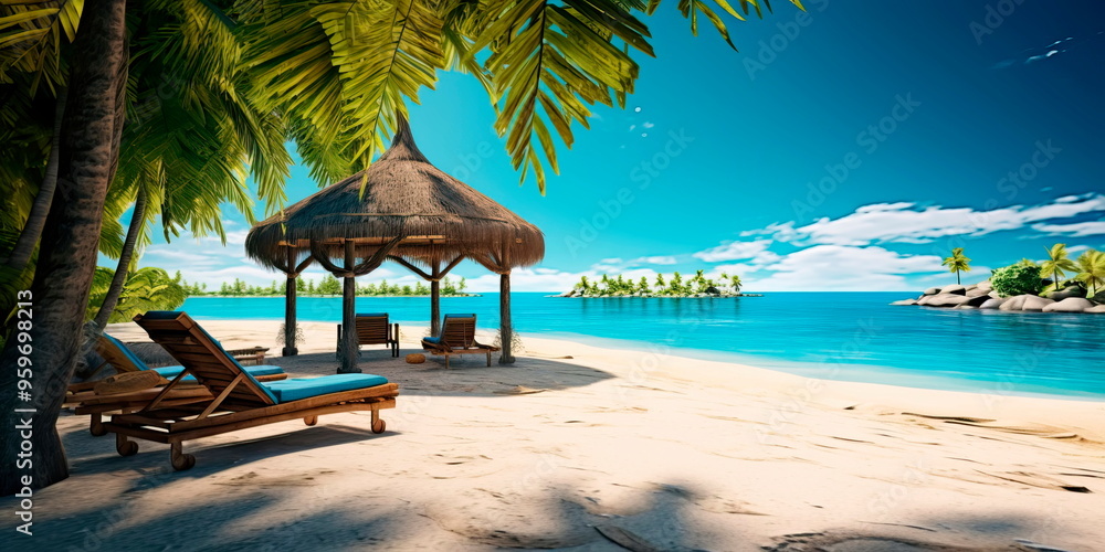 Fototapeta premium tropical island with palm trees, a pristine sandy beach, crystal-clear turquoise waters, and a couple lounging under a thatched beach umbrella.