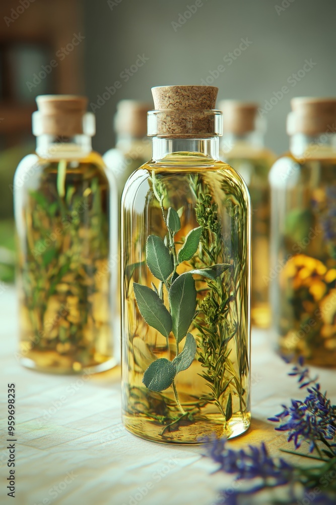 Aromatic Herbal Oil Bottles with Natural Ingredients and Cork Stoppers on Wooden Table Aromatic Herbal Oil Bottles with Natural Ingredients and Cork Stoppers on Wooden Table