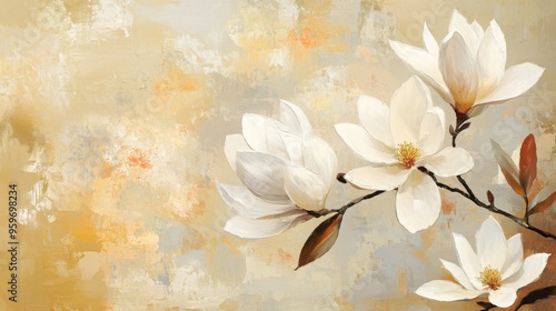 Abstract oil painting of white magnolia flowers on a beige background, vintage floral wallpaper for wall art design or interior decoration.