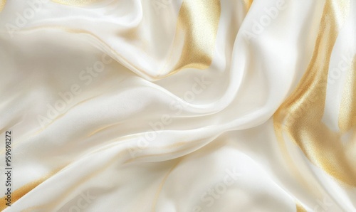 Textile background in white and gold with detailed patterns and textures.