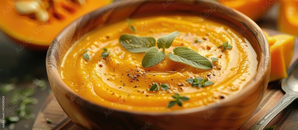 Pumpkin soup cream Delicious Pumpkin Cream Roasted Pumpkin Top view. with copy space image. Place for adding text or design Pumpkin soup cream Delicious Pumpkin Cream Roasted Pumpkin Top view. with copy space image. Place for adding text or design