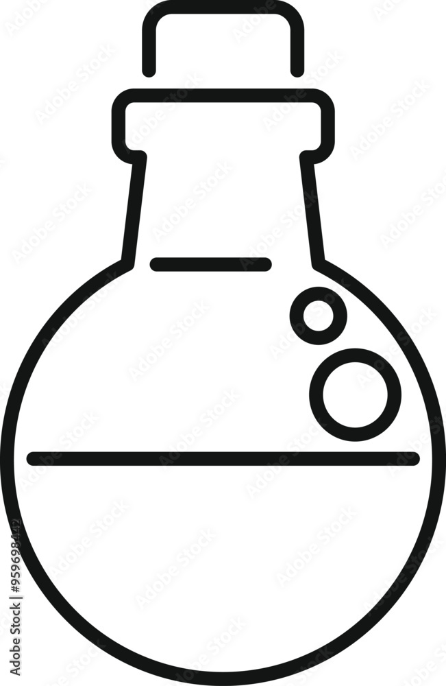 Simple black and white line drawing of a round bottom flask with bubbles, perfect for representing chemical reactions Simple black and white line drawing of a round bottom flask with bubbles, perfect for representing chemical reactions