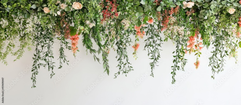 Composition of garland flowers and plants on a wall Ceiling decoration Wall adorned with curly green plant garlands hanging from the ceiling Herb and plant wall nature wall Interior decor for a weddi Composition of garland flowers and plants on a wall Ceiling decoration Wall adorned with curly green plant garlands hanging from the ceiling Herb and plant wall nature wall Interior decor for a weddi
