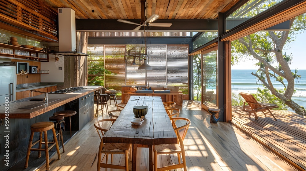 A modern beach house interior with a spacious open layout, featuring a ...