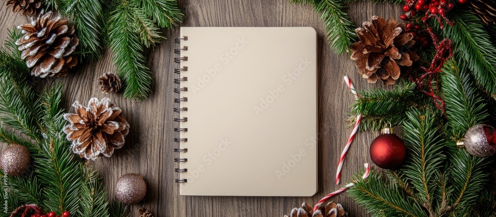 Obraz premium Christmas arrangement featuring a blank notebook with space for copy