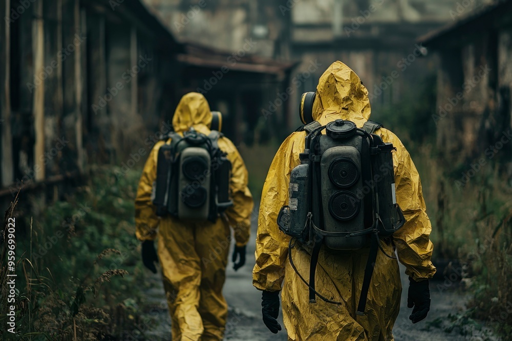 Two People in Hazmat Suits Walking Through a Desolate Landscape Two People in Hazmat Suits Walking Through a Desolate Landscape