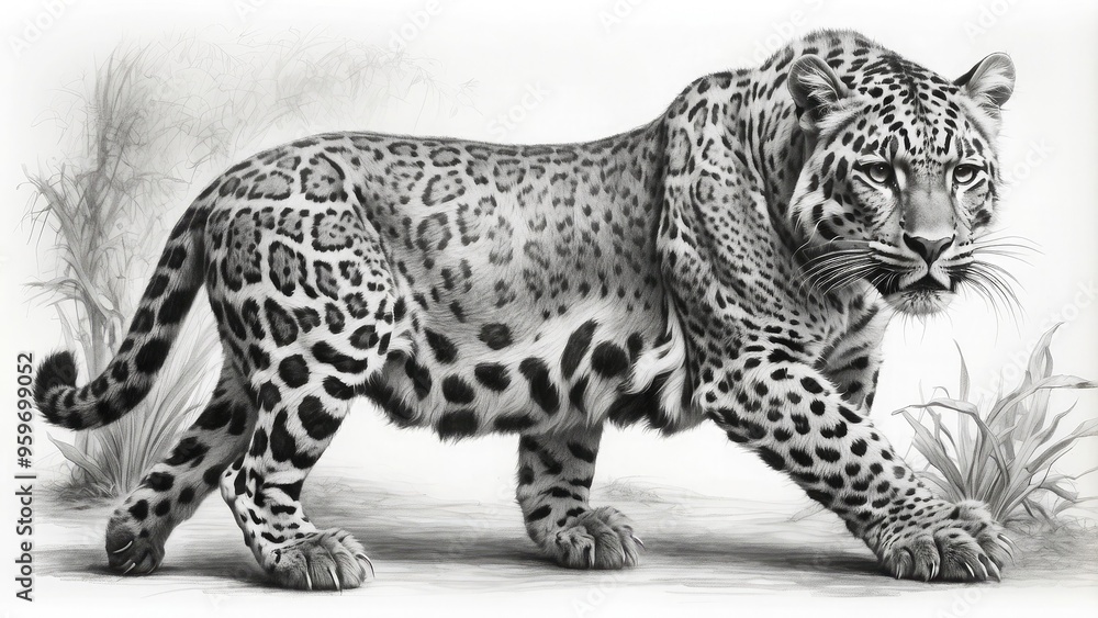 Pencil sketch ofa leopard illustrating the animals sharp features and dynamic posture reflecting its majestic mammals traits Pencil sketch ofa leopard illustrating the animals sharp features and dynamic posture reflecting its majestic mammals traits