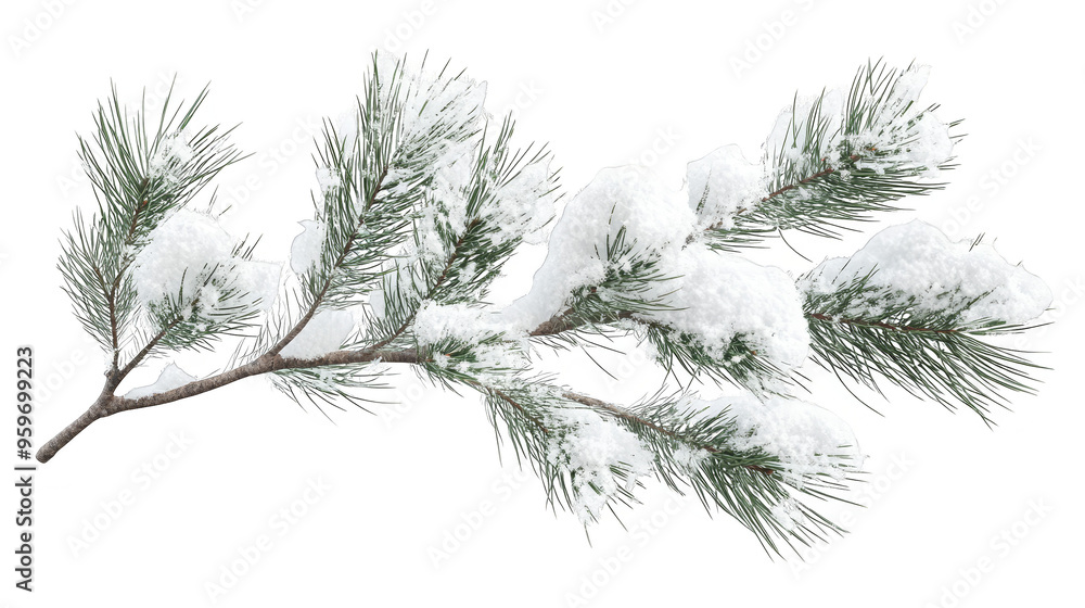 Obraz premium Snow covered pine branch isolated transparent background
