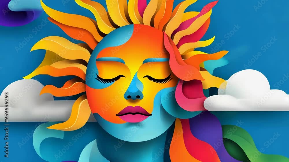 A vibrant psychedelic goddess illustration featuring a surreal sun and face, showcasing modern art with cartoon textures. A vibrant psychedelic goddess illustration featuring a surreal sun and face, showcasing modern art with cartoon textures.