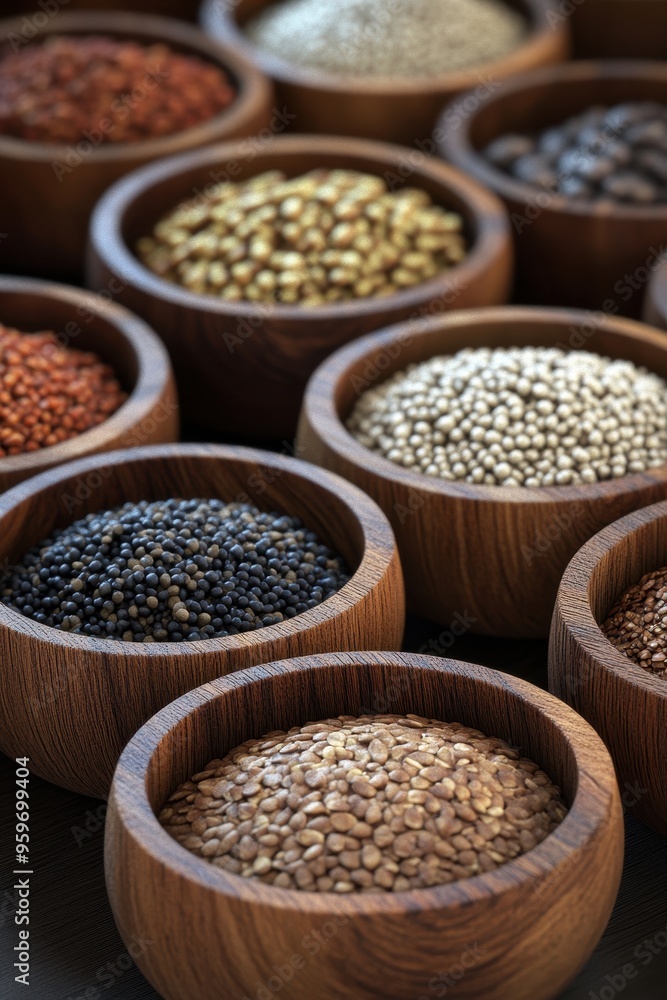 Assorted Grains and Seeds in Wooden Bowls Displayed on a Rustic Wooden Table Assorted Grains and Seeds in Wooden Bowls Displayed on a Rustic Wooden Table