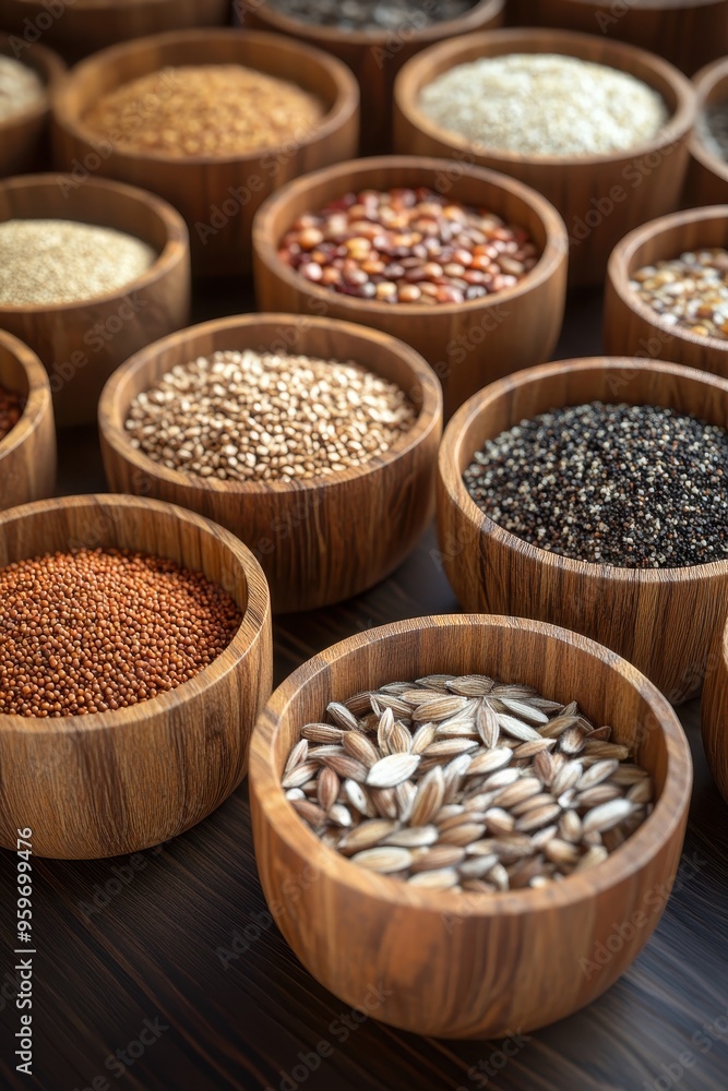 Assorted Grains and Seeds in Wooden Bowls on Dark Wooden Surface - High-Resolution Stock Photo for Culinary and Health Topics Assorted Grains and Seeds in Wooden Bowls on Dark Wooden Surface - High-Resolution Stock Photo for Culinary and Health Topics