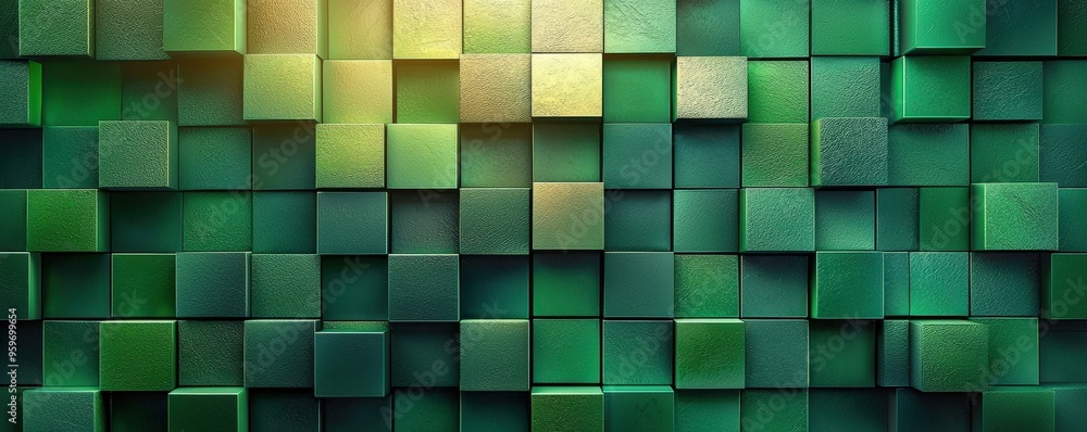 Deep 3D green squares pattern, gradient lighting, shadow interplay, metallic sheen. Abstract and Minimalistic Design Backgrounds Deep 3D green squares pattern, gradient lighting, shadow interplay, metallic sheen. Abstract and Minimalistic Design Backgrounds