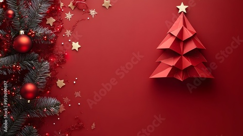 A festive composition featuring a paper origami Christmas tree against a rich red background, complemented by a traditional Christmas tree adorned with ornaments and star decorations.  photo