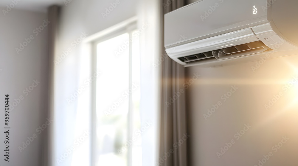 A modern air conditioning unit is installed on the wall of a bright and airy room, emitting a warm glow from sunlight streaming through the window, creating a comfortable and inviting atmosphere. A modern air conditioning unit is installed on the wall of a bright and airy room, emitting a warm glow from sunlight streaming through the window, creating a comfortable and inviting atmosphere.