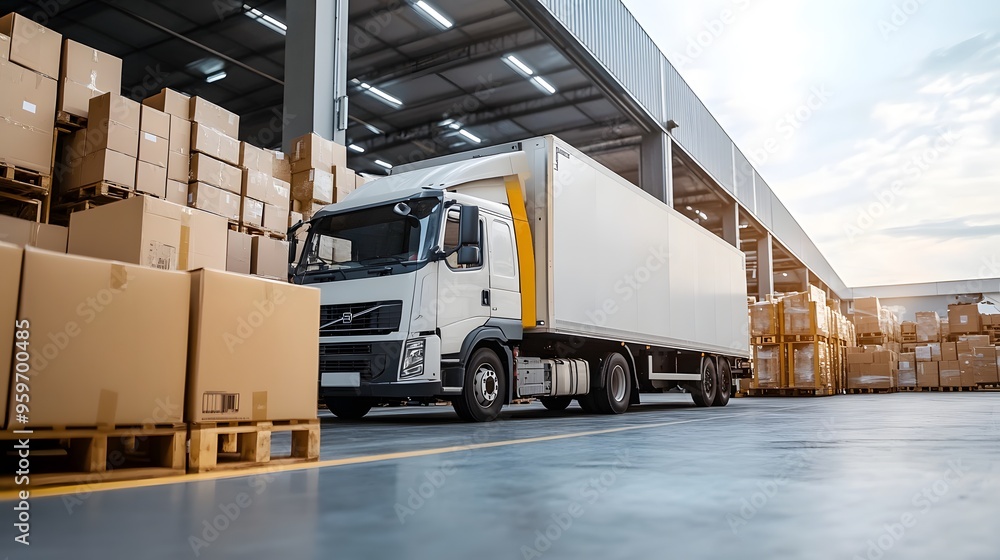A modern delivery truck is parked in a spacious warehouse filled with stacked cardboard boxes, suggesting efficient logistics and inventory management. A modern delivery truck is parked in a spacious warehouse filled with stacked cardboard boxes, suggesting efficient logistics and inventory management.