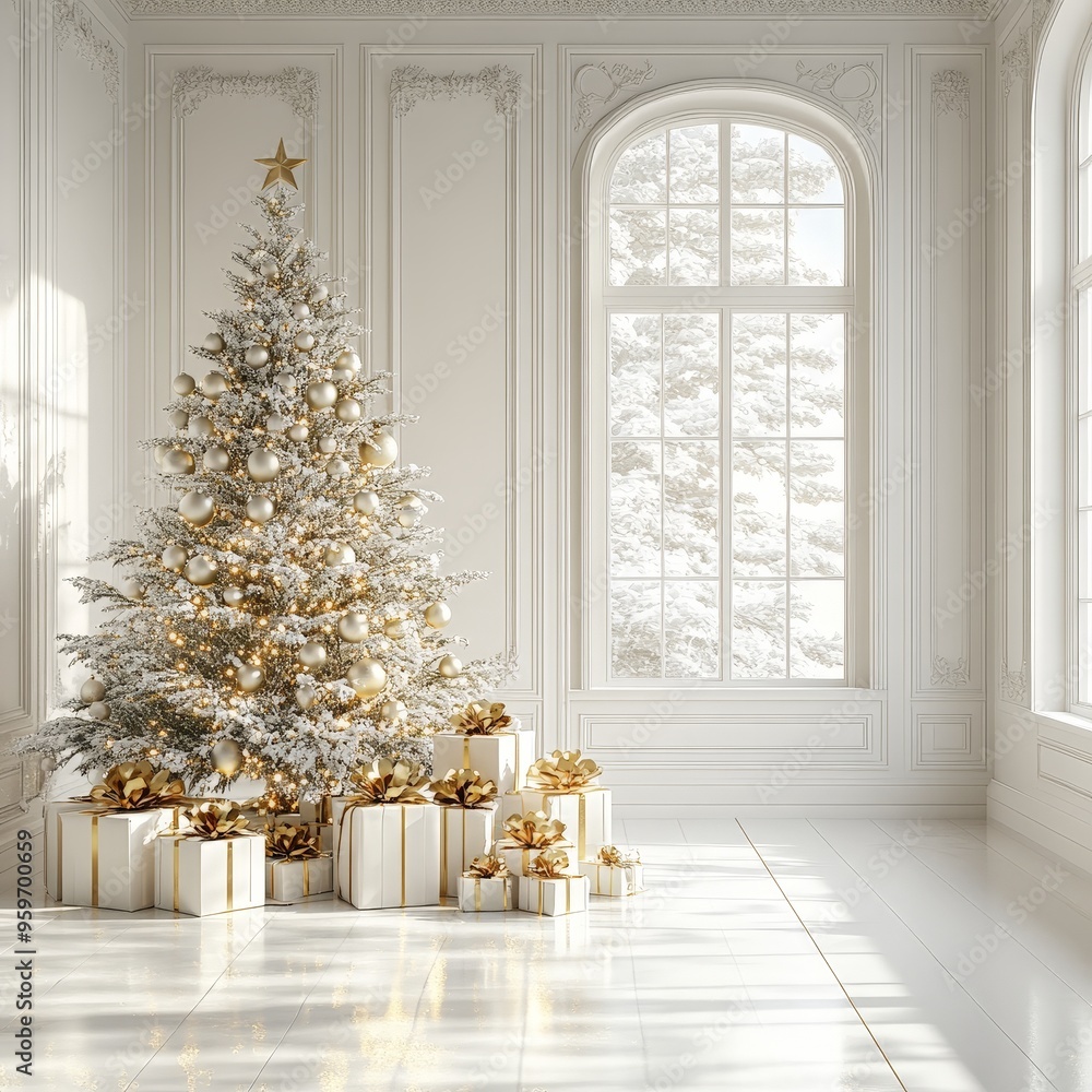 Elegant Gold and White Minimalist Christmas Scene with Tree and Gifts Elegant Gold and White Minimalist Christmas Scene with Tree and Gifts