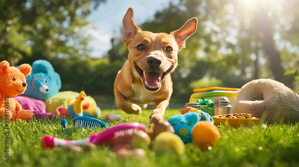 A Joyful Dog's Playful Day in the Park Surrounded by Colorful Pet Products and a Stylish Grooming Kit A Joyful Dog's Playful Day in the Park Surrounded by Colorful Pet Products and a Stylish Grooming Kit