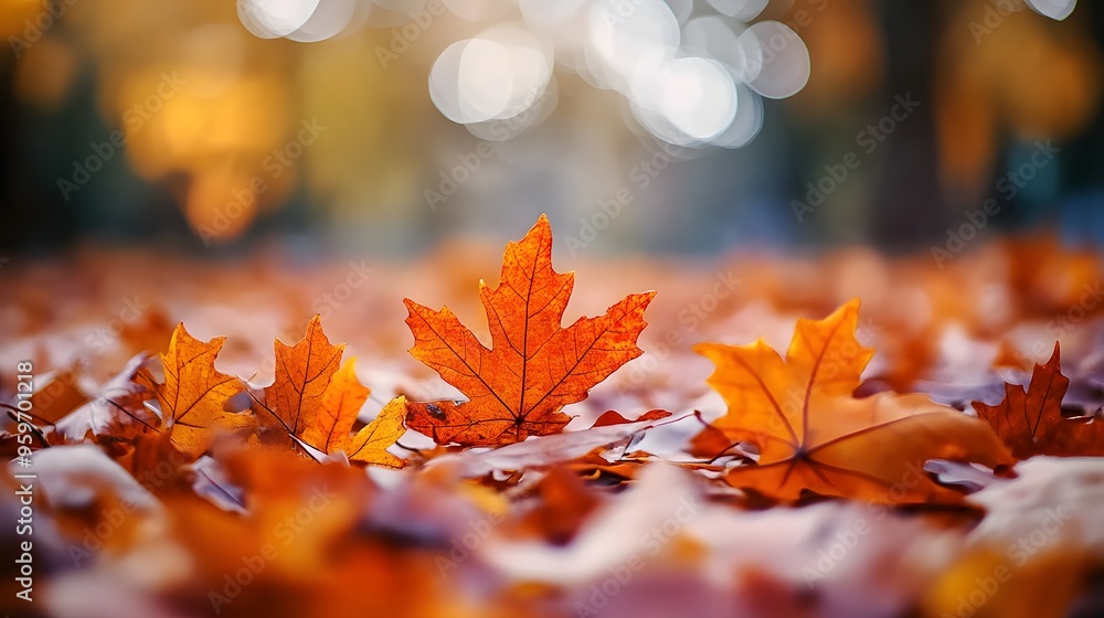 A close-up of vibrant autumn leaves scattered on the ground, with a soft bokeh background creating a warm seasonal atmosphere. A close-up of vibrant autumn leaves scattered on the ground, with a soft bokeh background creating a warm seasonal atmosphere.