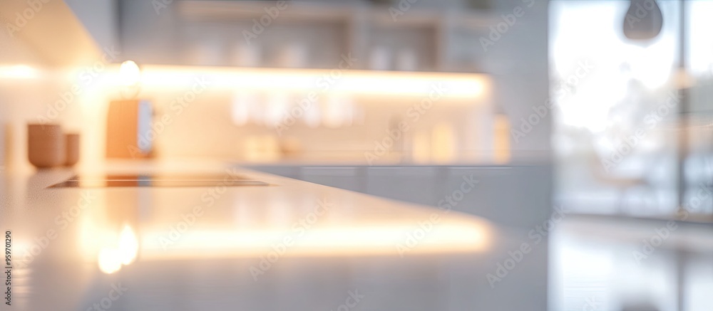 Fototapeta premium Abstract blurred image of a kitchen with soft lighting for background use Blurred interior background concept in white tones. with copy space image. Place for adding text or design