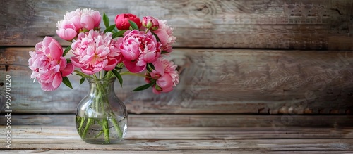 Fototapeta Naklejka Na Ścianę i Meble -  A lovely arrangement of peonies in a vase on a wooden surface featuring a rustic wallpaper theme with space for text. with copy space image. Place for adding text or design