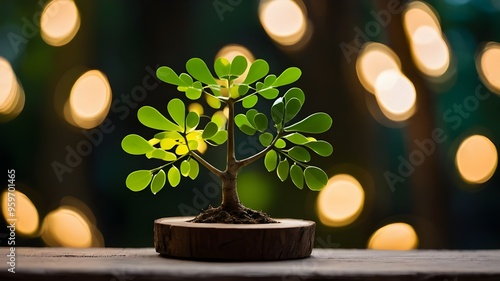 Round Wooden Cut Shape for Product Display, Kelor (Drumstick Tree, Moringa oleifera) Green Leaves, Backlight Shot