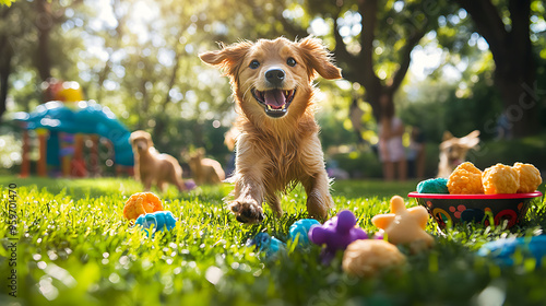 Joyful Dog DayA Playful Pup in a Vibrant Park Surrounded by Colorful Pet Products and Happy Owners photo