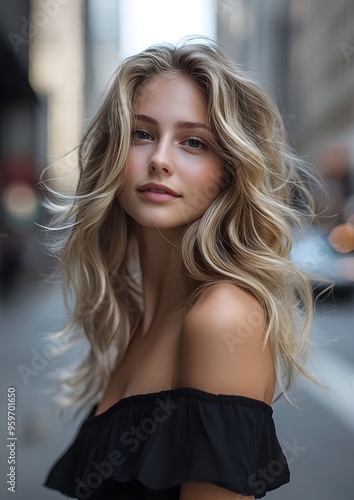 A young woman with long, wavy blonde hair poses softly in an urban street setting, showcasing natural beauty and confidence.  photo