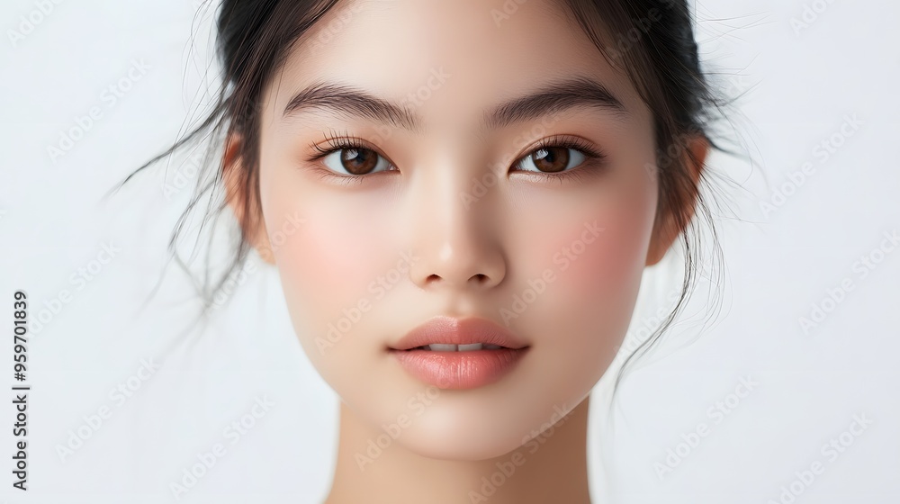 A close-up portrait of a young woman's face showcasing natural beauty and soft features, with minimal makeup and a serene expression. A close-up portrait of a young woman's face showcasing natural beauty and soft features, with minimal makeup and a serene expression.