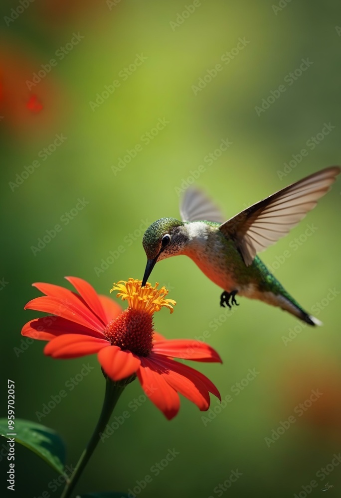 Naklejka premium Hummingbird Feeding on Red Flower. Hummingbird in flight, sipping nectar from a vibrant flower. Nature, wildlife, and pollination.